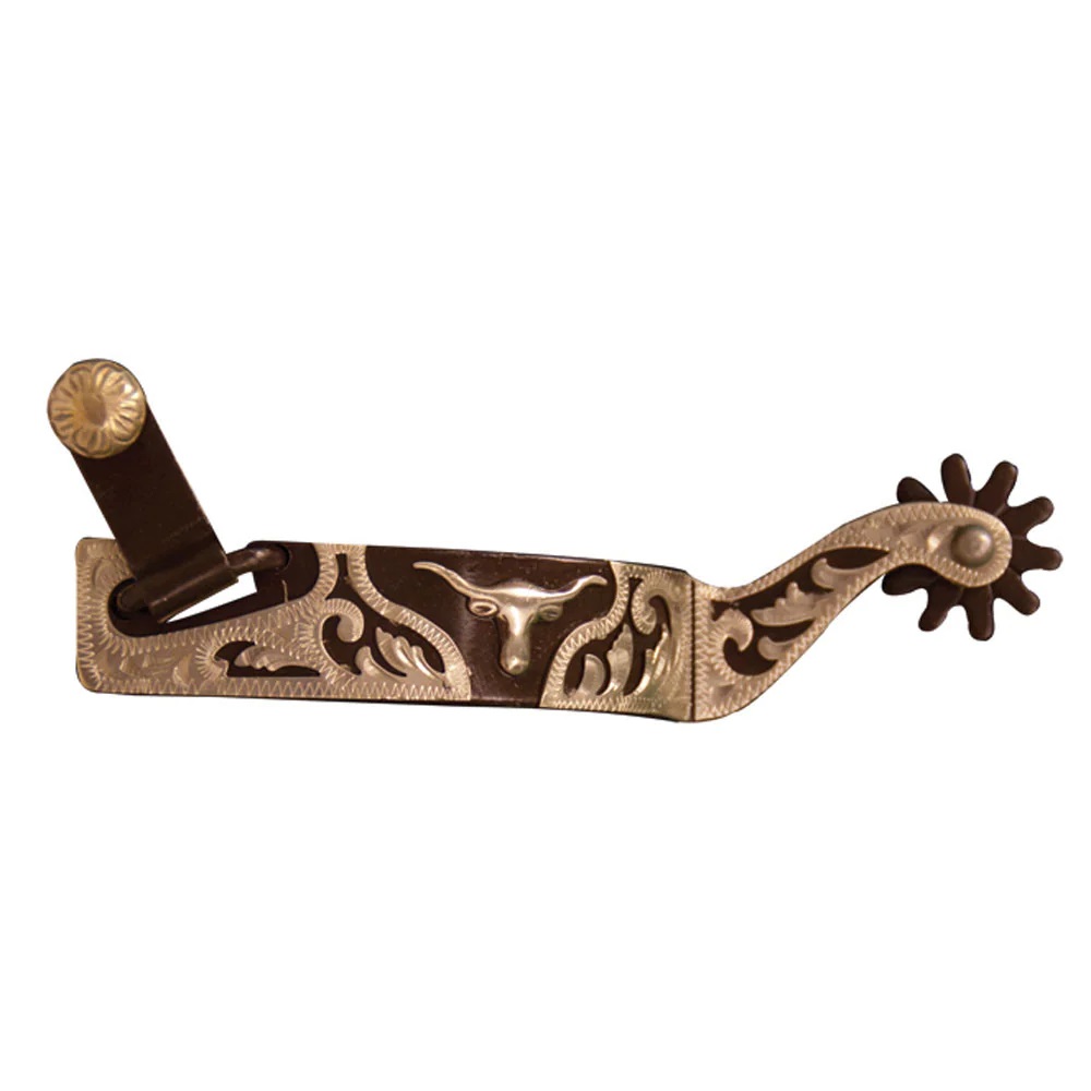 Espuela Texana de Acero con Diseño de Novillo en Relive con Estrella de 9 Puntas