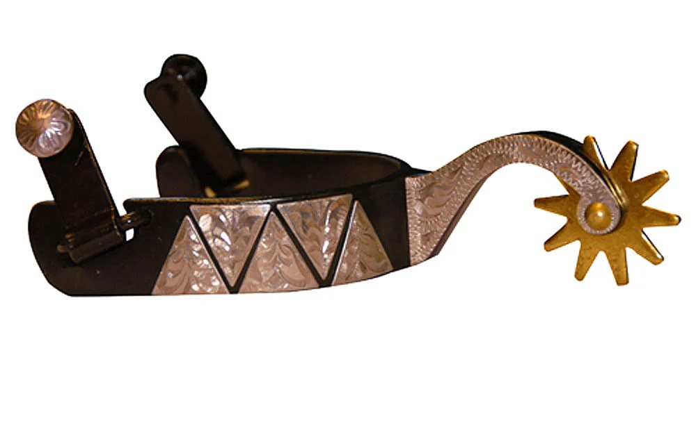Espuela Texana De Acero Negro Con Adornos Triangulares Plateados